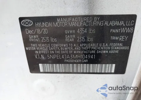 2021 Hyundai Sonata Sel z USA, uszkodzony, nr VIN 5NPEL4JA3MH104941